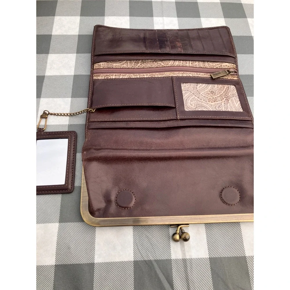 Hobo Lauren Clutch Wallet Womens Brown Leather Double Frame Kiss Lock Mirror